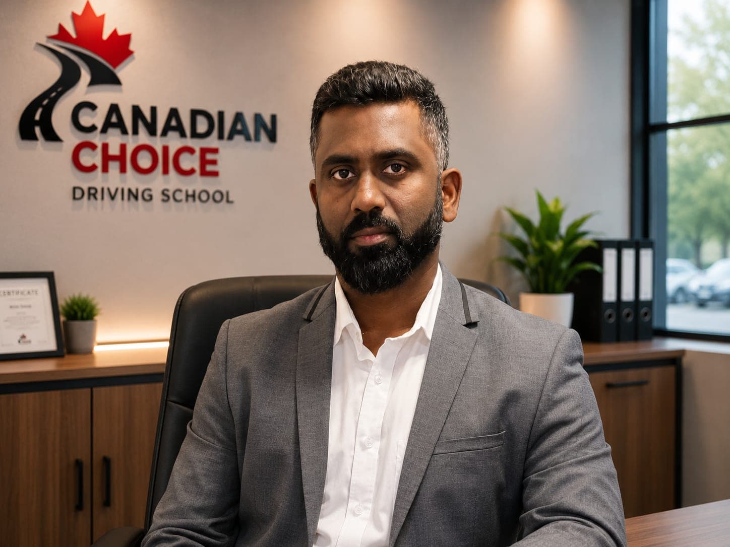Fasmi Rauff, instructor at Canadian Choice Driving School, seated in a grey blazer and white shirt at a desk in the school's office in front of the Canadian Choice Driving School wall logo.