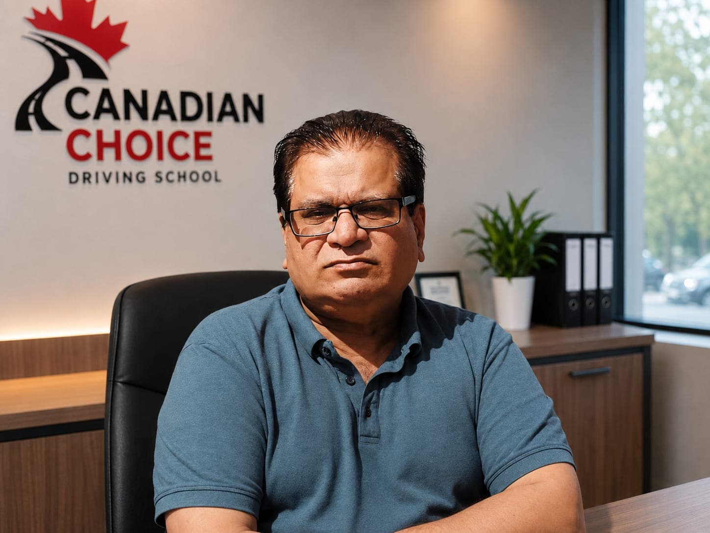 Muhammad Aslam, driving instructor at Canadian Choice Driving School, seated in a blue polo shirt and glasses at a desk in the school's office in front of the Canadian Choice Driving School wall logo.