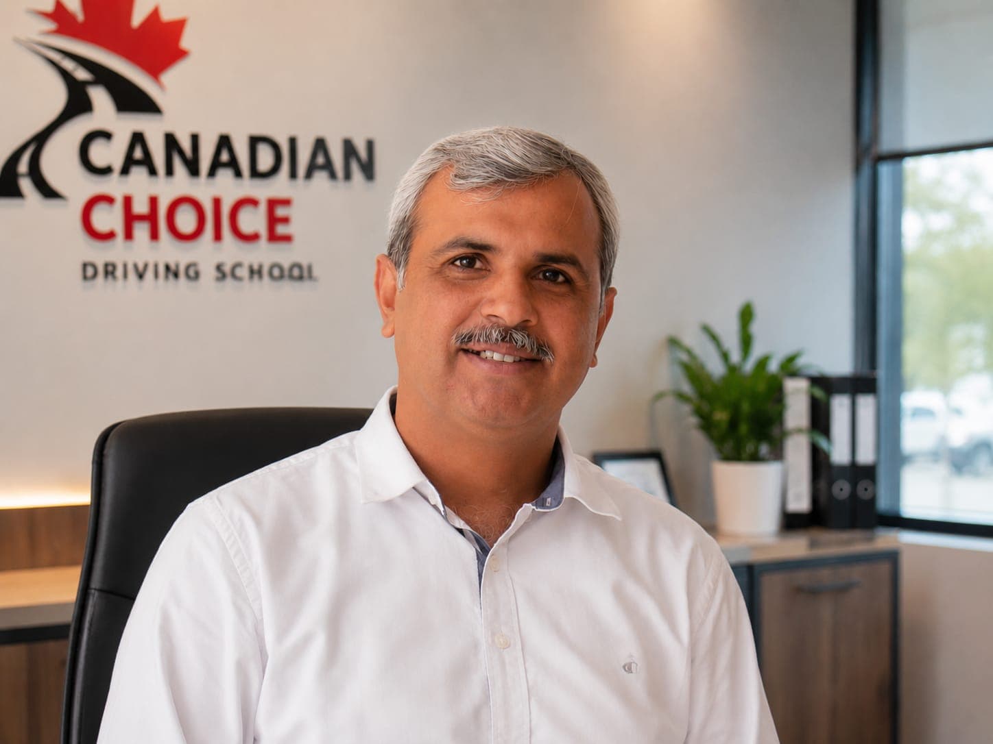 Awais Ur Rehman, driving instructor at Canadian Choice Driving School, seated in a white shirt in the school's office in front of the Canadian Choice Driving School wall logo.
