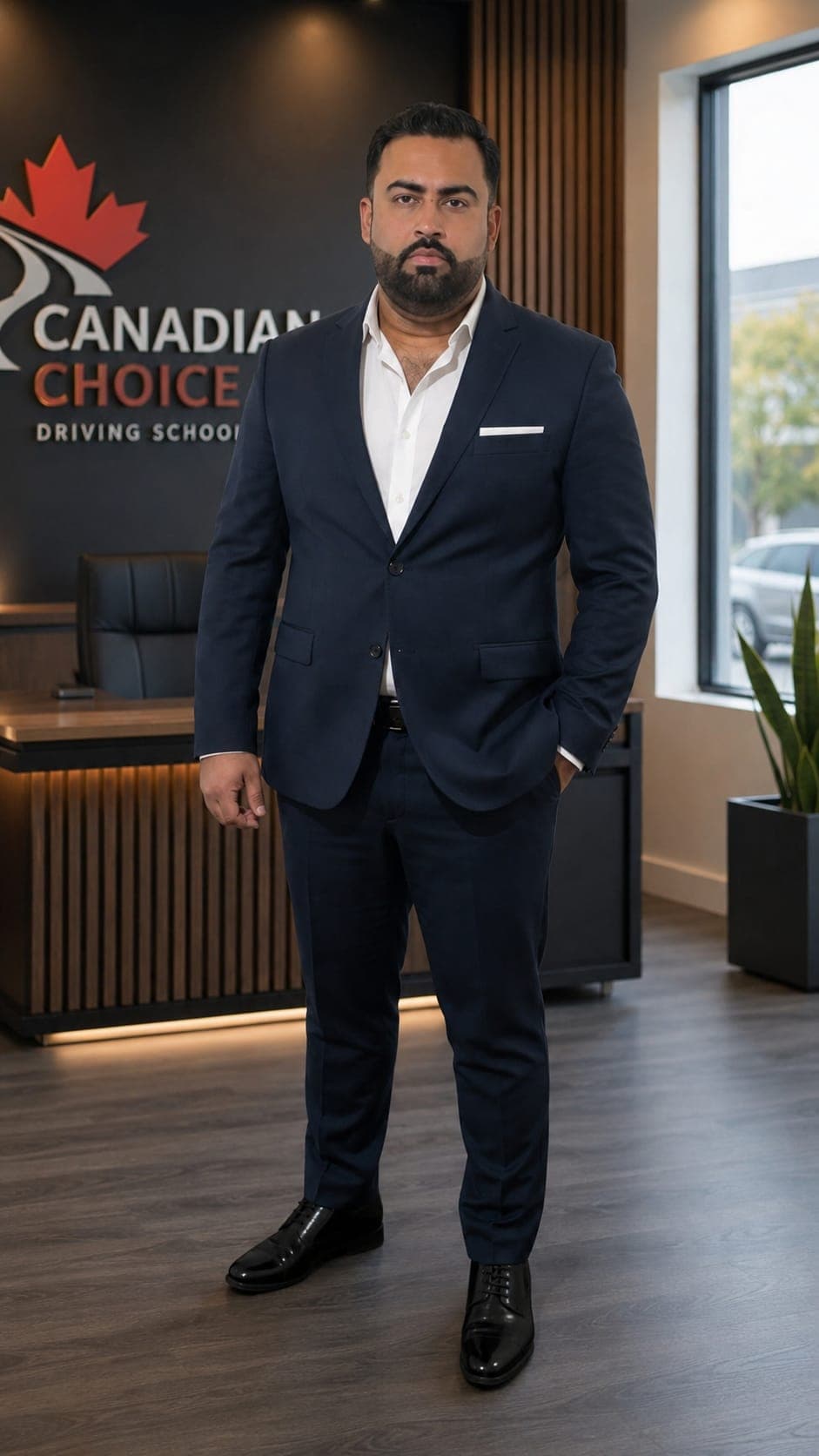 Saad Bhatti, founder of Canadian Choice Driving School, standing in a navy suit in the school's office in front of the Canadian Choice Driving School wall logo.