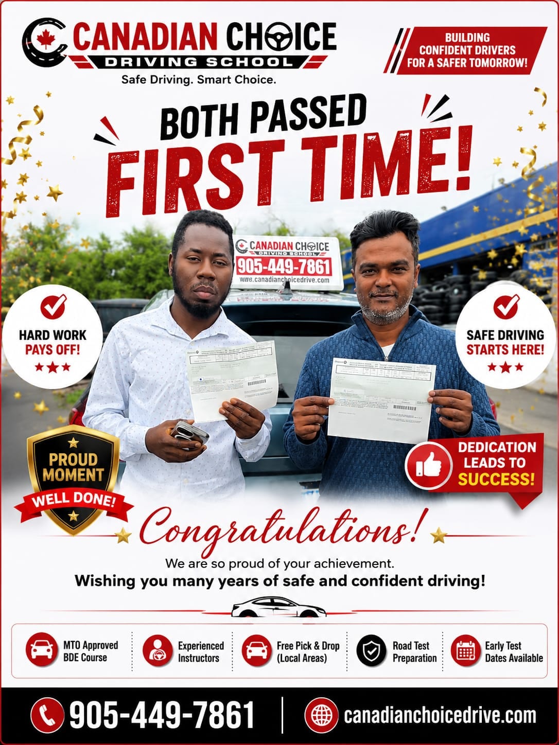 Canadian Choice congratulations graphic: two students standing at the training car, each holding up their road test result sheet, under the headline “Both passed first time!”