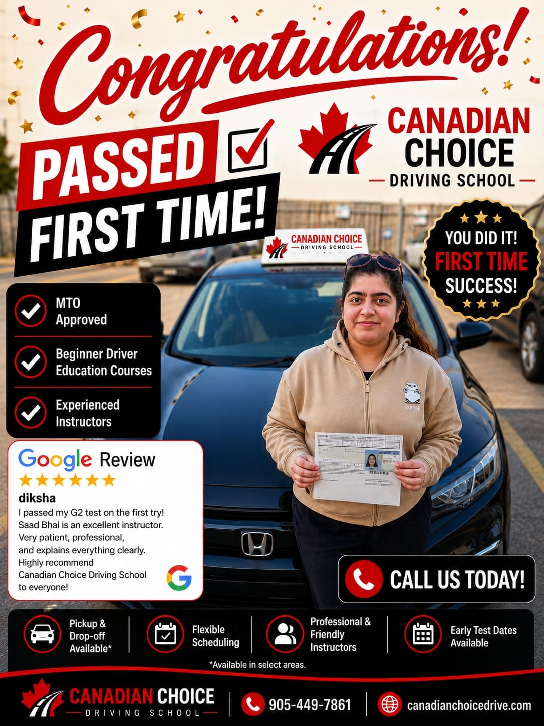 Canadian Choice congratulations graphic: a student in front of the black training Honda holding her road test paperwork, under the headline “Passed first time!”, beside a five-star Google review panel.