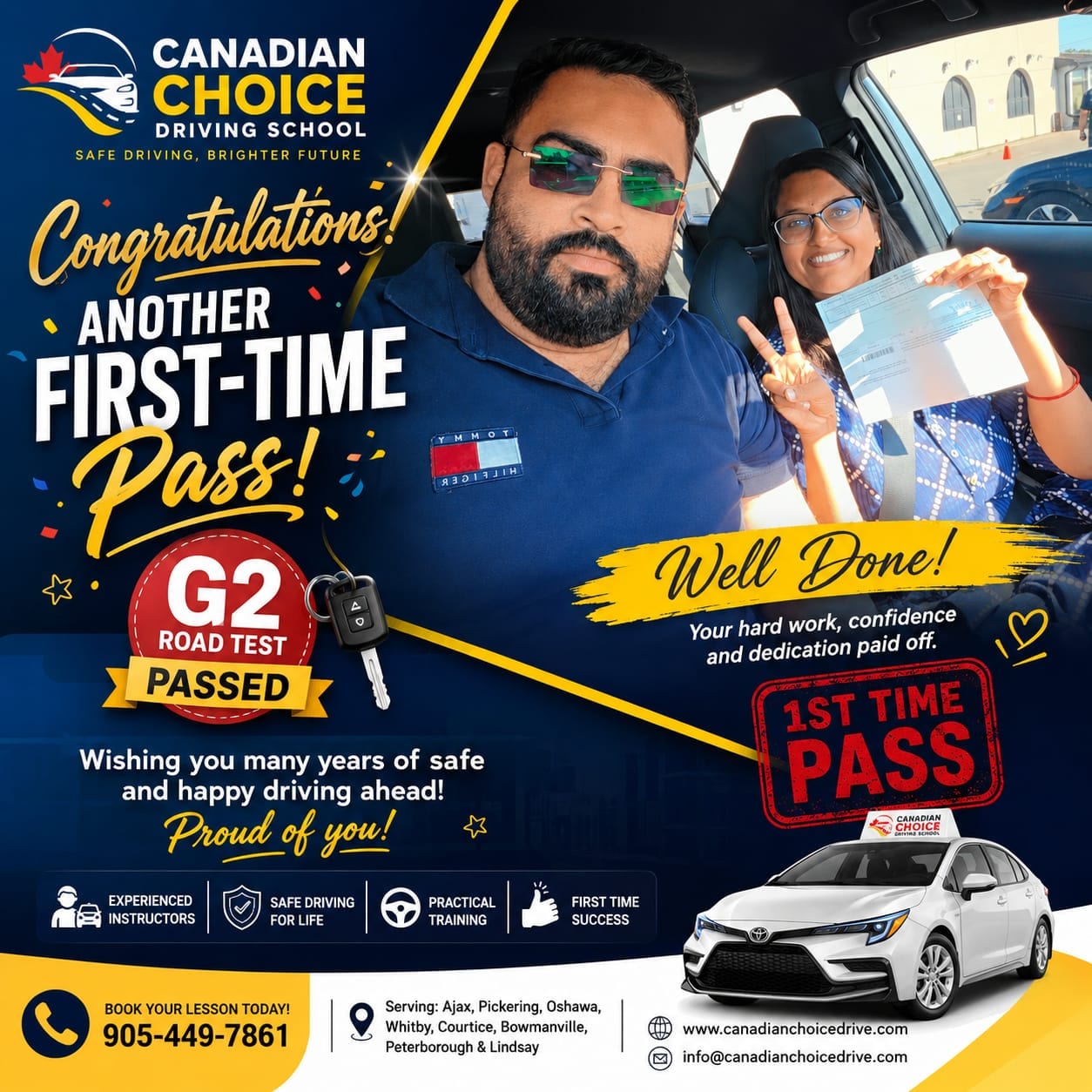 Canadian Choice congratulations graphic: an instructor and a student inside the training car, the student holding up her result sheet, under the headline “Another first-time pass” with a G2 road test passed badge.