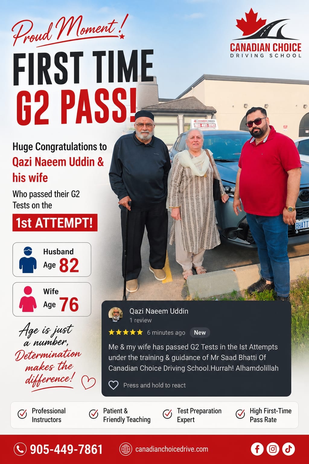Canadian Choice congratulations graphic: an older couple standing with their instructor beside the training car, under the headline “First time G2 pass”, beside a five-star Google review panel.