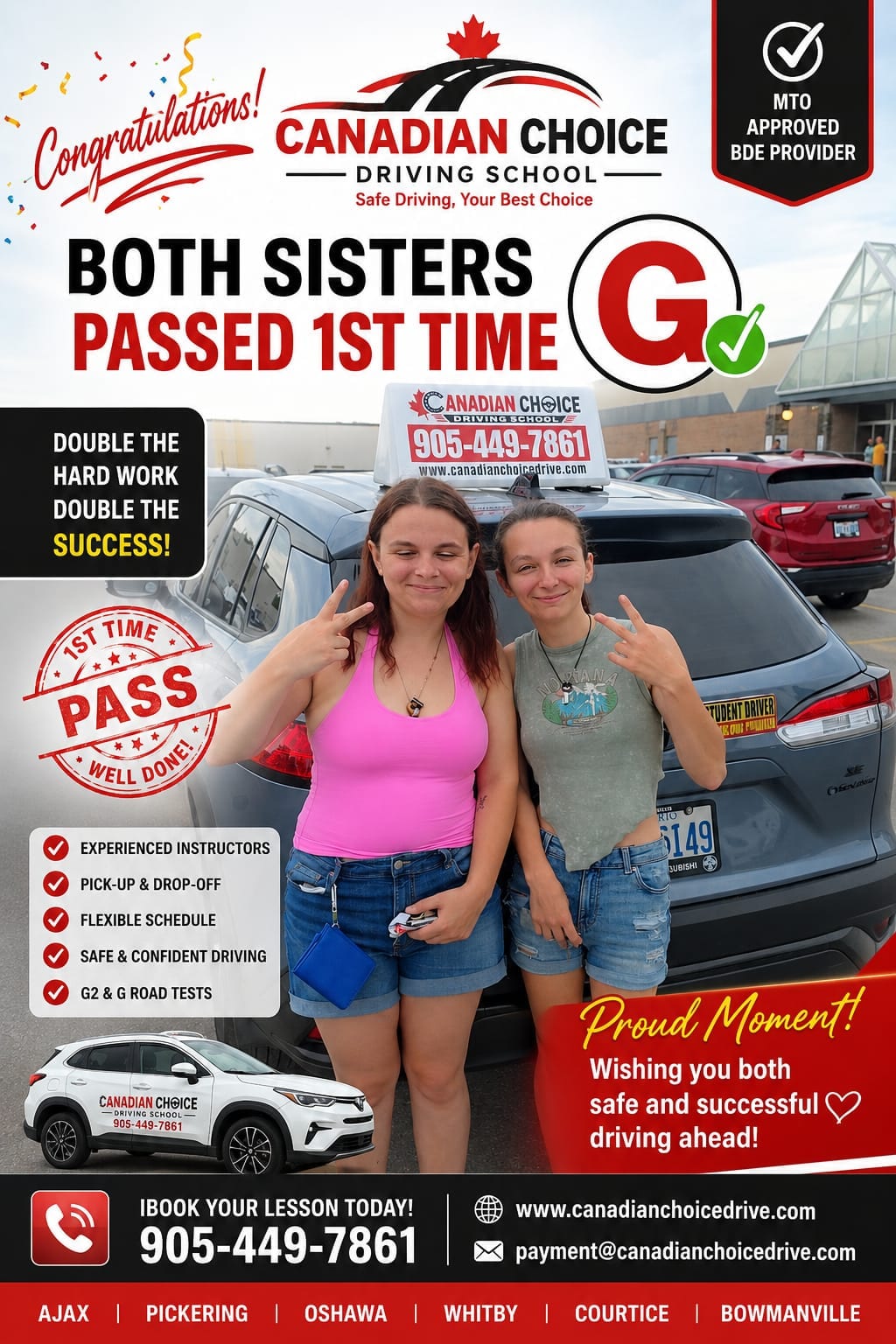 Canadian Choice congratulations graphic: two sisters at the back of the training SUV, both making a peace sign, under the headline “Both sisters passed 1st time” with a G licence check mark.