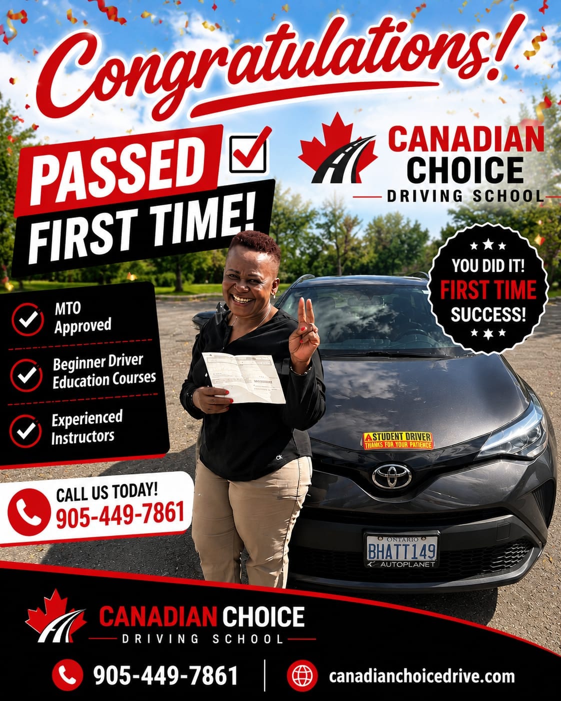 Canadian Choice congratulations graphic: a student beside the grey training Toyota holding her result sheet and making a peace sign, under the headline “Passed first time!”