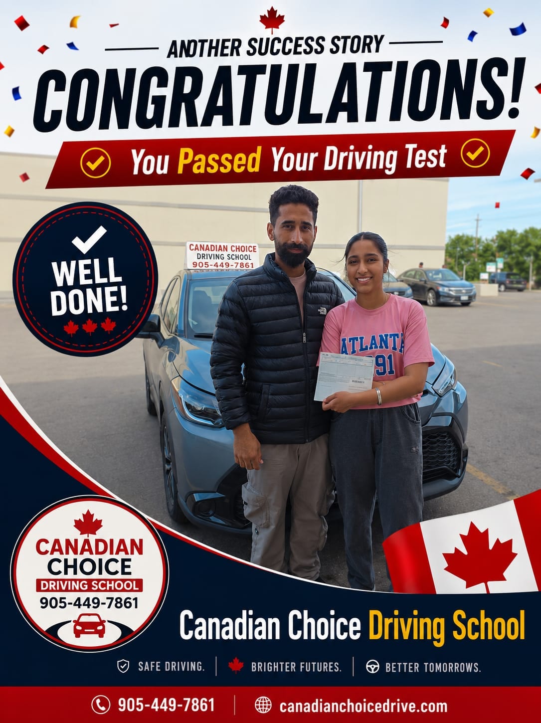 Canadian Choice congratulations graphic: a student and her instructor in front of the blue training car, the student holding her road test result sheet, under the headline “Congratulations — you passed your driving test”.