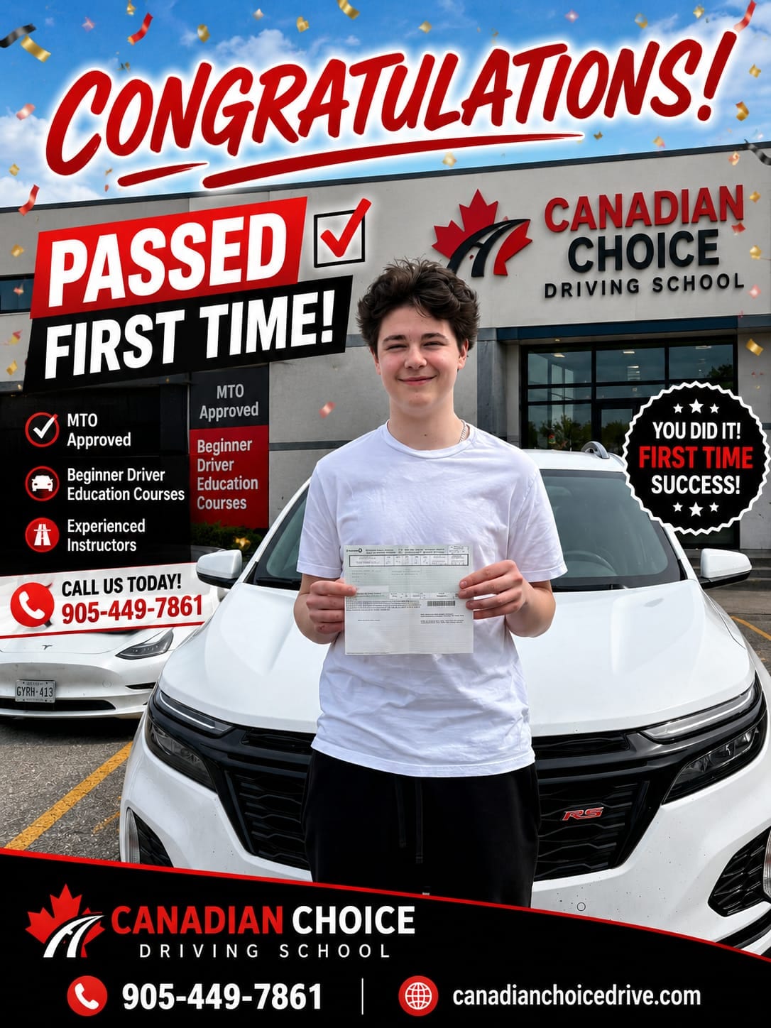 Canadian Choice congratulations graphic: a student holding his road test result sheet in front of the white training SUV outside the Canadian Choice office, under the headline “Passed first time!”