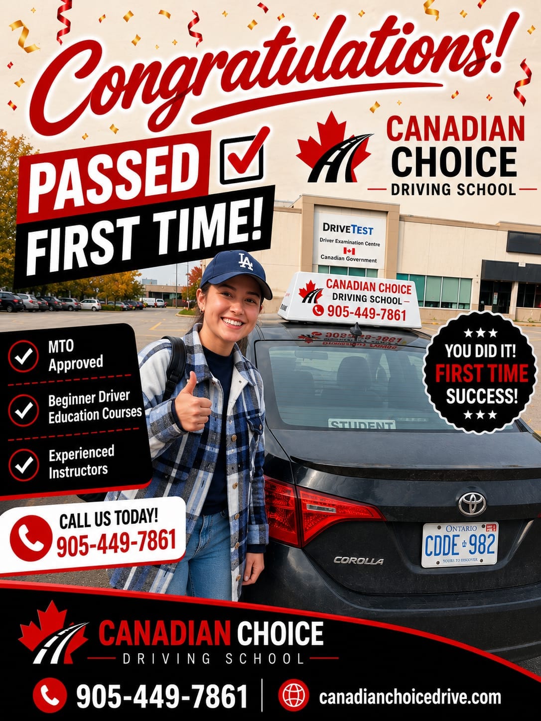 Canadian Choice congratulations graphic: a student giving a thumbs up beside the training Corolla outside a DriveTest driver examination centre, under the headline “Passed first time!”